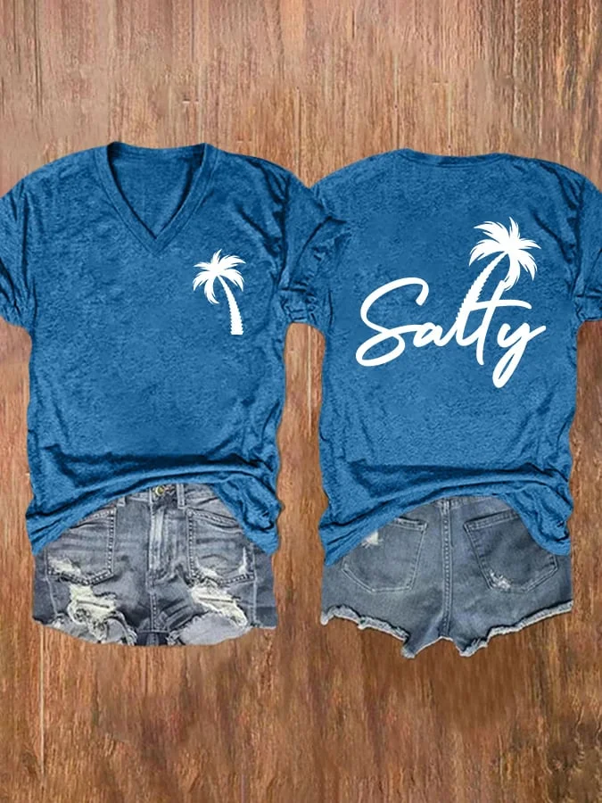 V-neck Retro Beach Salty And Palm Tree Print T-Shirt