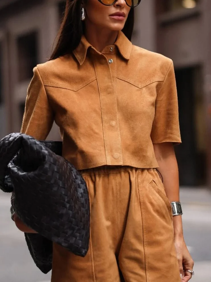 Cropped Short - Sleeved Shirt & High - Waisted Shorts Set