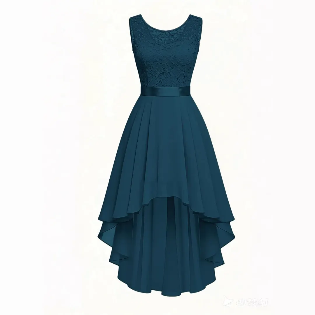 Solid Lace Sleeveless High-Low Party Dress