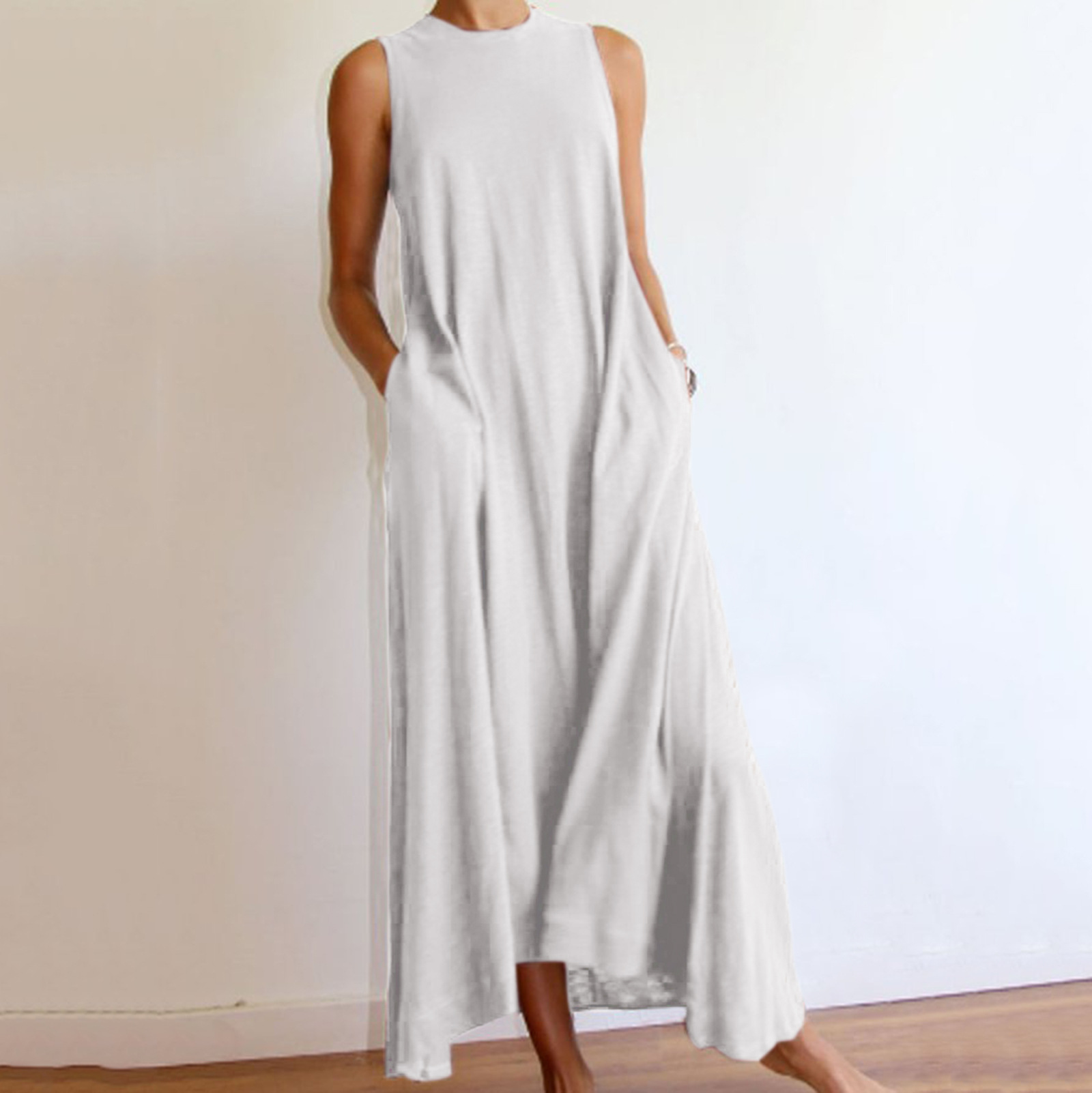 Cotton-Blend Solid Sleeveless Crew Neck Casualdress