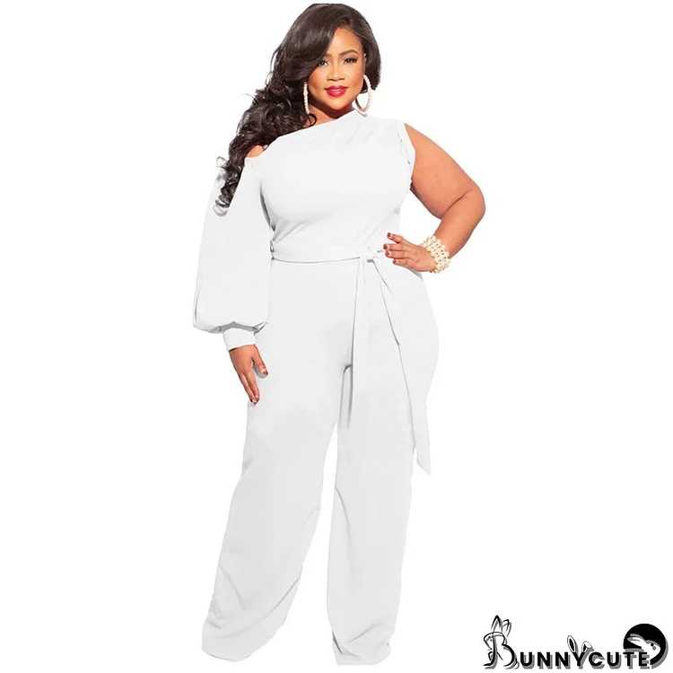 Fall Plus Size Women's Slash Shoulder Single Sleeve Wide Leg Jumpsuit With Belt