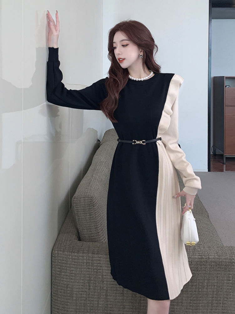 Magibyte 2024 Autumn Winter Splicing Mid-Length Knitted Dress French Vintage O-Neck Long Sleeve Collect Waist Pleated Knee-Length Skirt