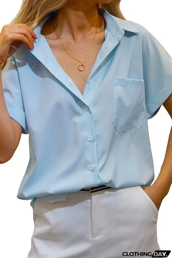 Women's Short-sleeved T-shirt V-neck Button-up Blouse