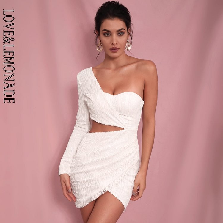 Sexy White Cut Out Single Sleeve Glitter Glue Bead Material Bodycon Party Dress LM81650 - BlackFridayBuys