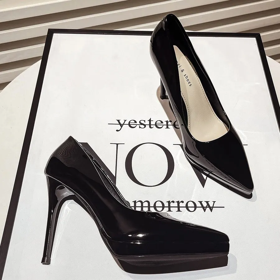 Breakj Breakj Spring New Patent Leather Naked Ten Cm High Heels Women Waterproof Table With 12 Cm Pointed Women's Single Shoes