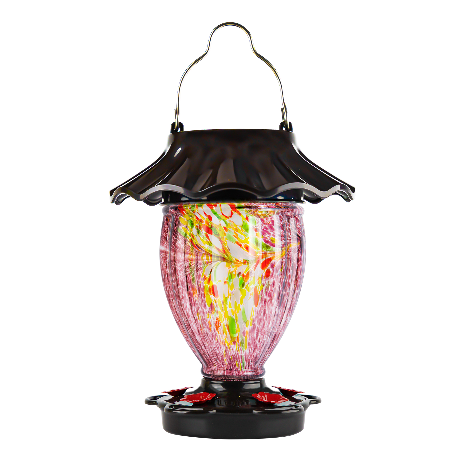 LUJII Solar Powered Hummingbird Feeder for Outside Hanging, Trophy Shaped Hand Blown Glass, Weatherproof, Lighted Lantern for Garden Decor, 32 fl.oz, Never Leak, Unique Gift for Bird Lover(Purple)