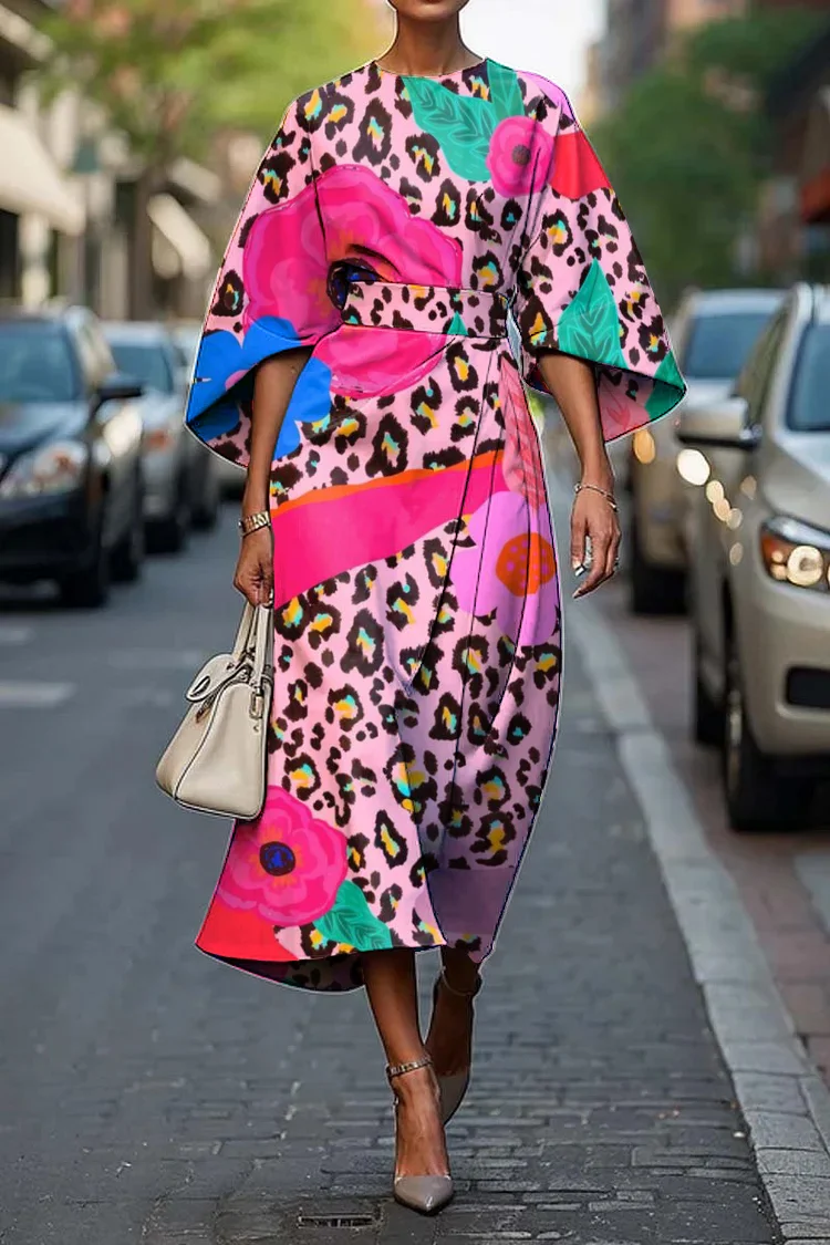 Women's Elegant Leopard Floral Print Midi Dress