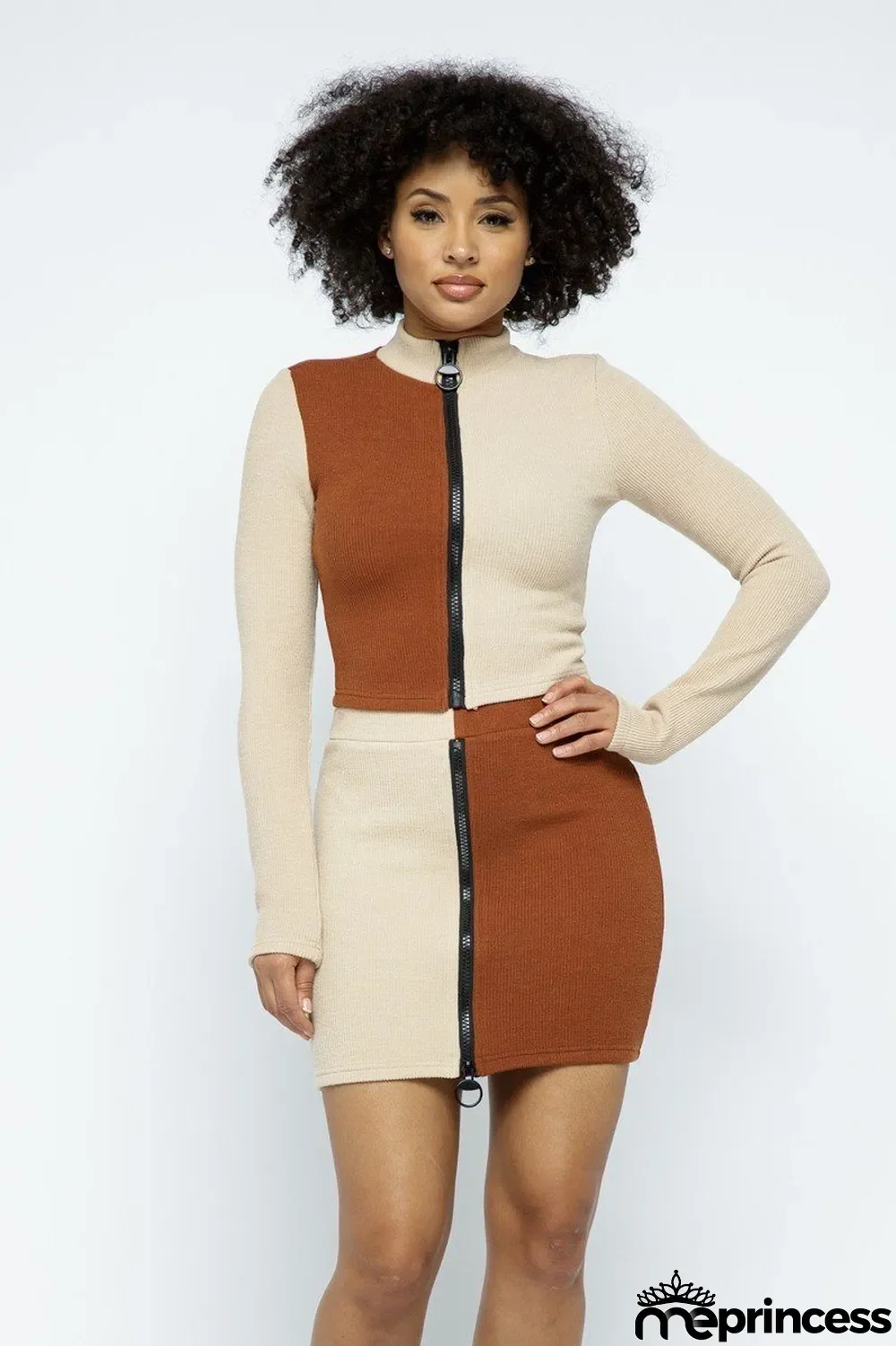 Fashion Splice Long Sleeve Mini Skirts Two Piece Set