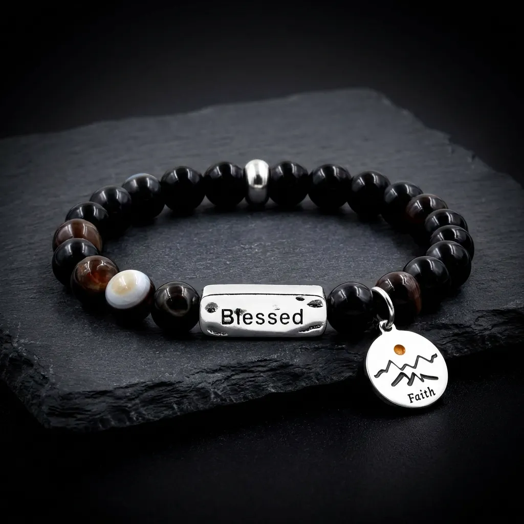 JiStones "Mountain Mover" | Premium 8mm Natural Stone & Mustard Seed Faith Bracelet Midnight Black Onyx