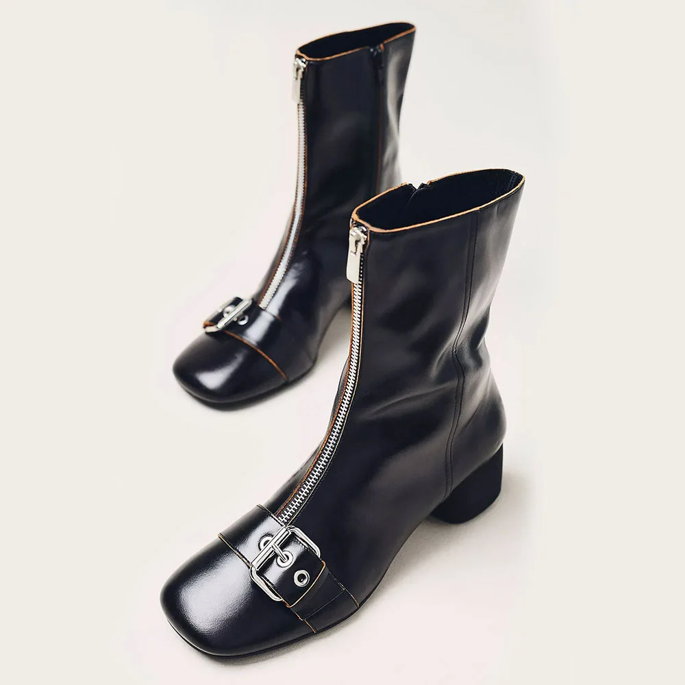 Black Square Toe Buckled Front Zipper Ankle Boots for Women