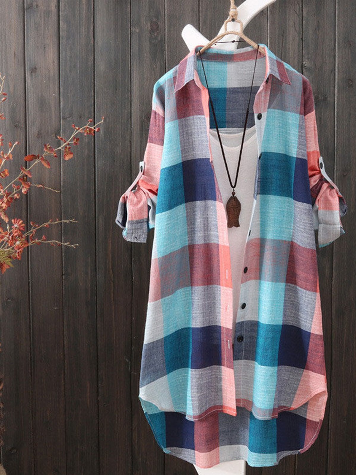 Plus Size Women Loose Long Sleeve Plaid Casual Shirts