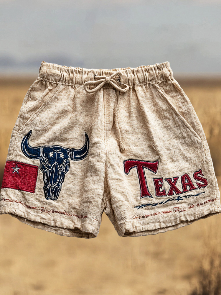 Western Bull Skull & Texas Embroidered Vintage Men's Linen Shorts