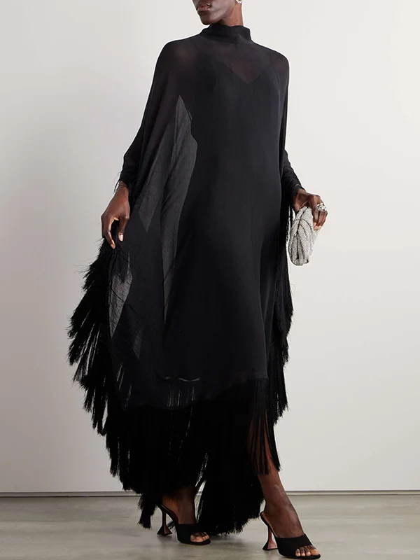 Batwing Sleeves Loose See-Through Solid Color Tasseled Mock Neck Maxi Dresses