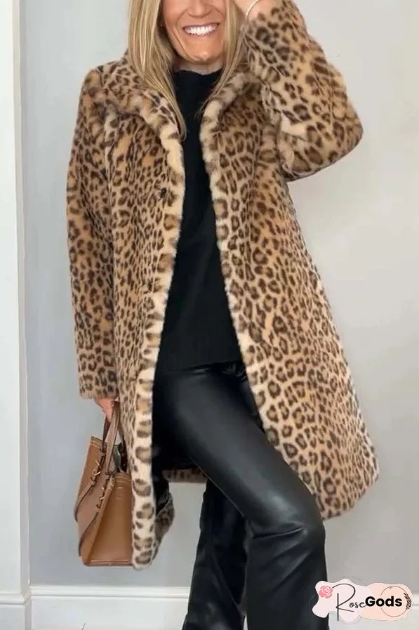 Leopard Print Lapel Long Sleeve Mid-length Plush Coat