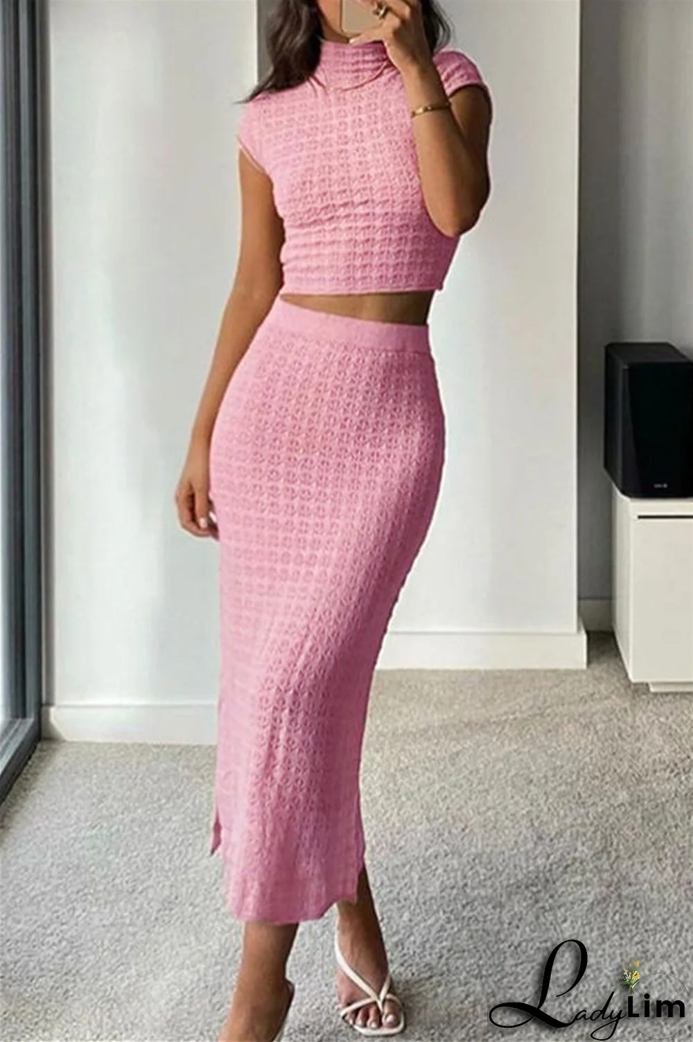Pink Fashion Casual Solid Patchwork Slit Turtleneck Short Sleeve Two Pieces