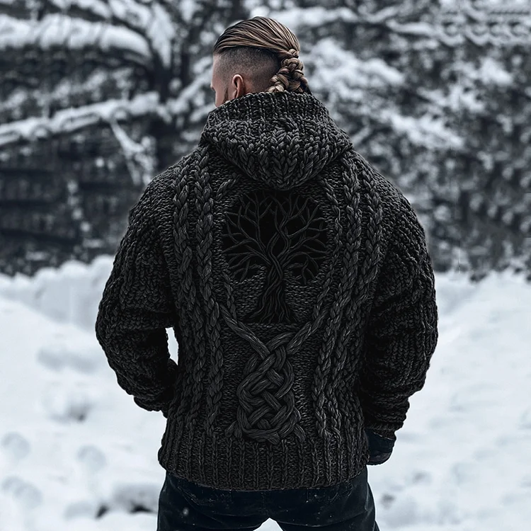 Men's Viking Tribal Tree Of Life Celtic Chunky Knit Hooded Sweater