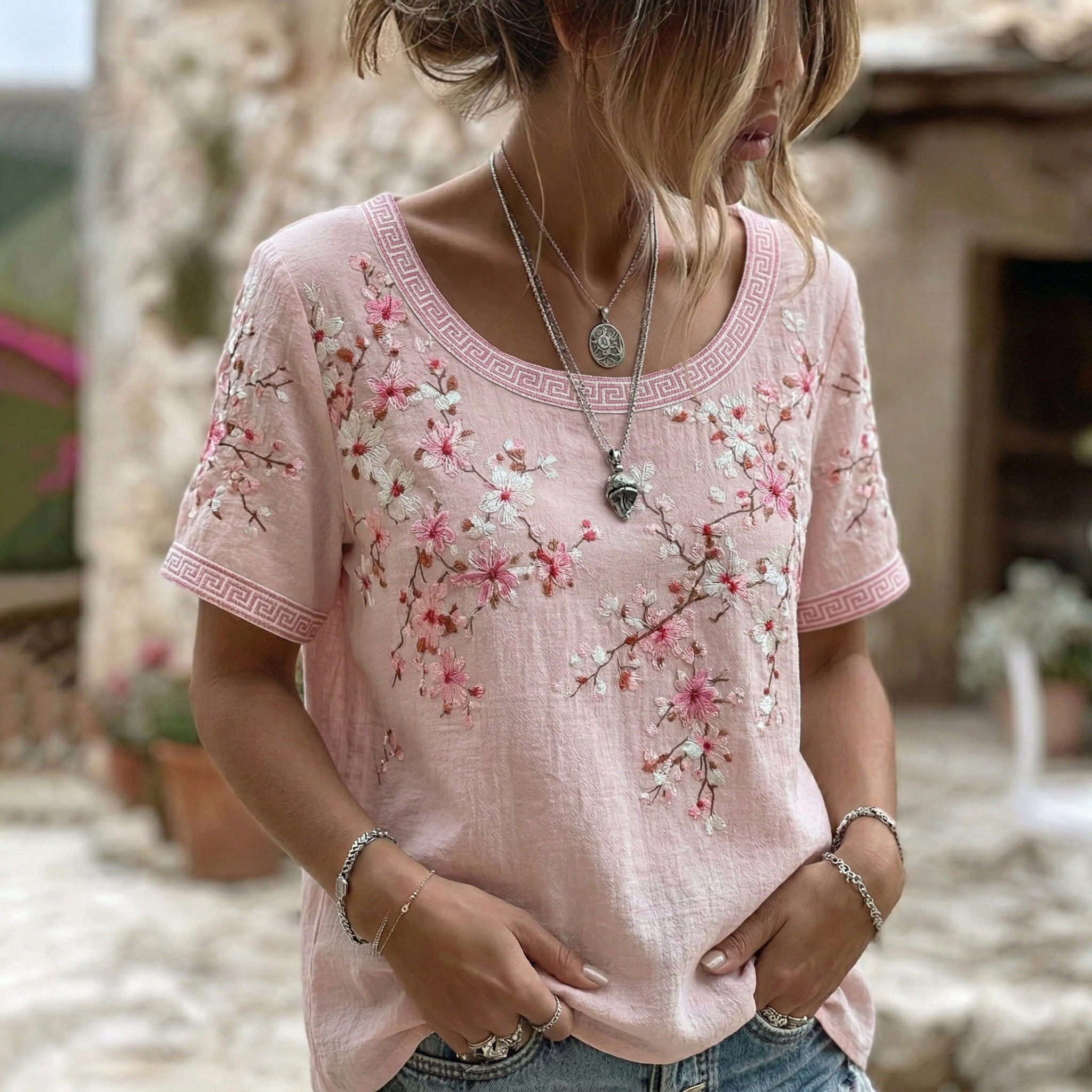 Women's Vintage  Japanese Cherry Blossom Art Round Neck Short Sleeve T-shirt elevenforest