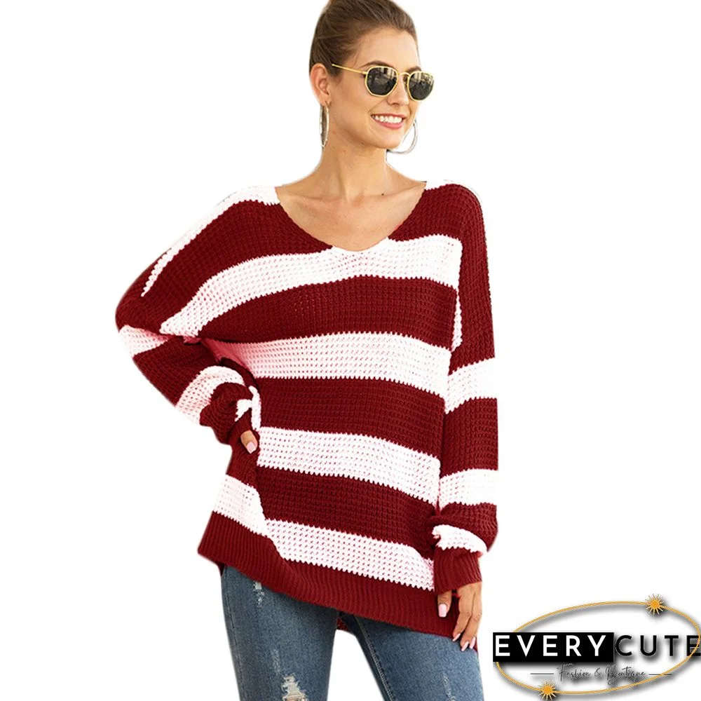 Wine Red Stripes V Neck Loose Fit Sweater