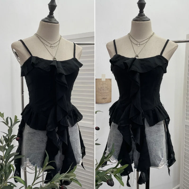 Uveng Dark Wasteland To Make Old Hole Slings Vest Irregular Lotus Side Ribbon Short Sleeveless Top 9238