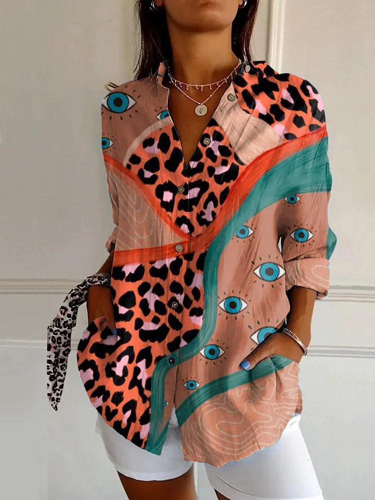 Retro Hippie Leopard Print Casual Long Sleeve Shirt