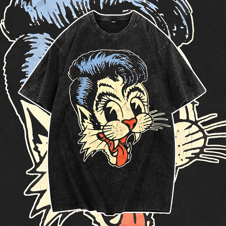 Davidhawaii100% Cotton Casual Street Retro Rock Cat T-Shirt - 100% Cotton
