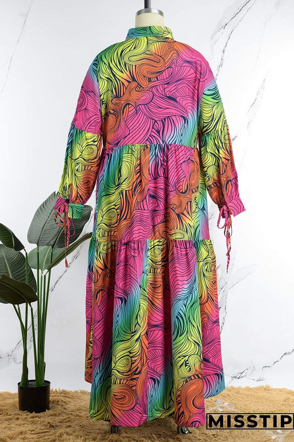 Cyan Casual Print Patchwork Buckle Fold Turndown Collar Long Dress Plus Size Dresses