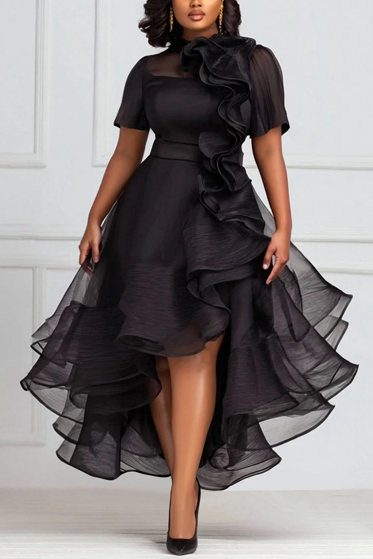 Xpluswear Design Plus Size Cocktail Party Black Round Neck Short Sleeve Ruffle Elegant 3D Organza Maxi Dresses [Pre-Order]