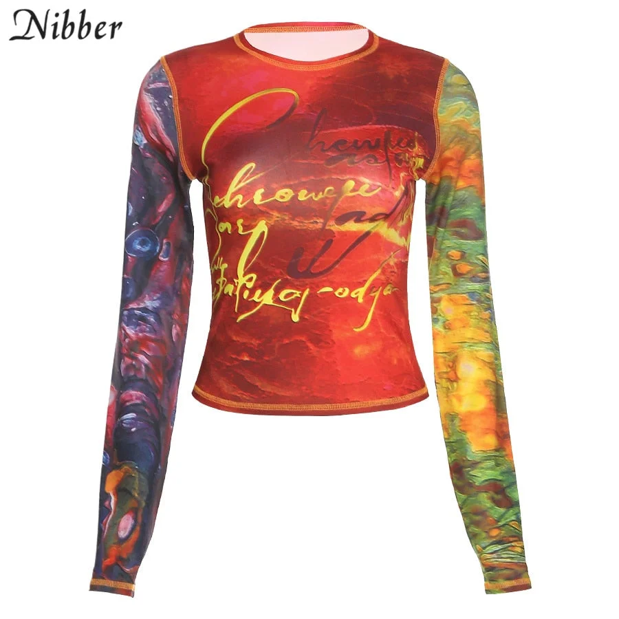Nibber Y2K Fashion Sexy Slim-Fit T-Shirt Short Tie-Dye Print Street Style Top For Women Going Out Party Night Clubwear 2022 New