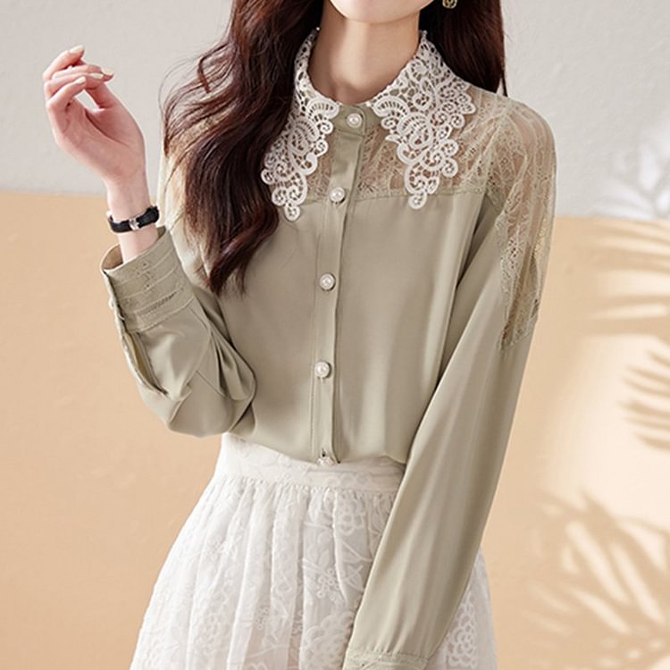Long Sleeve Paneled Casual Lace Shirts & Tops QueenFunky