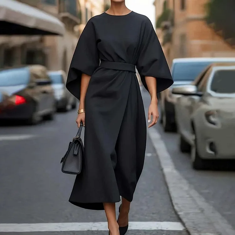 Elegant Round Neck Puff Sleeve Tunic Midi Dress