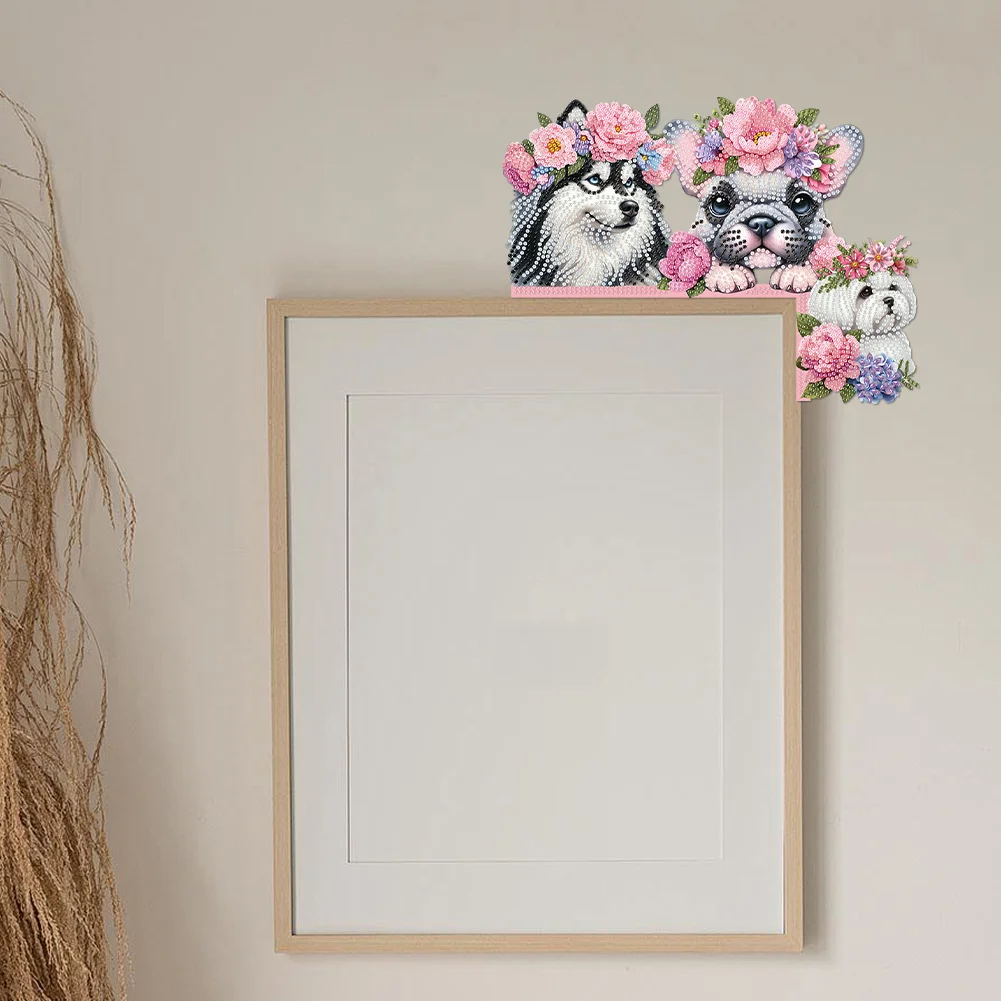 Dog Flowers 5D DIY Wooden Diamond Painting Door Topper for Party (Right)