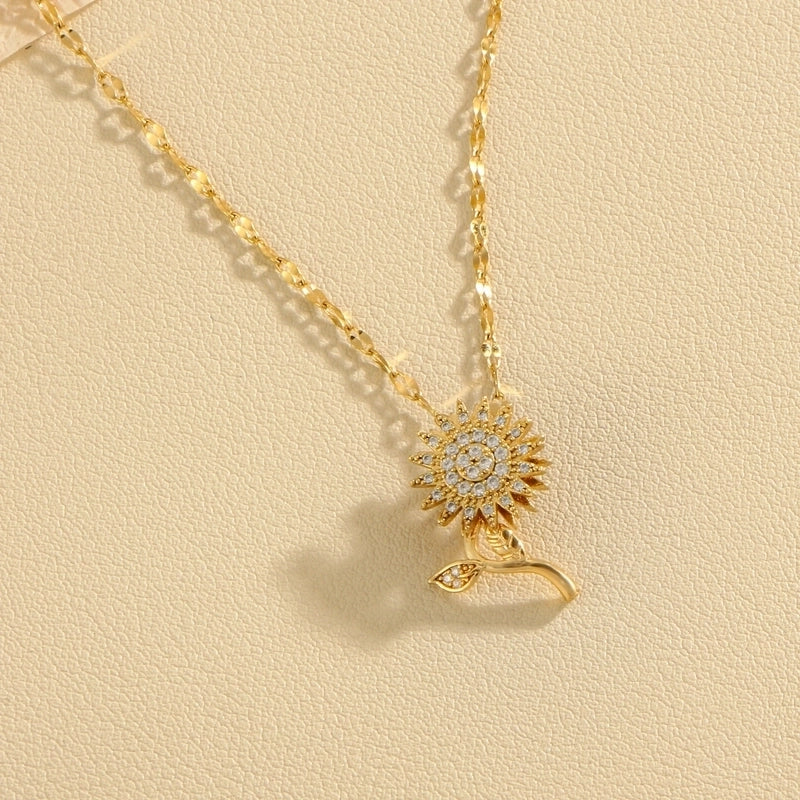 304 Stainless Steel Copper 18K Gold Plated Inlay Sunflower Zircon Pendant Necklace