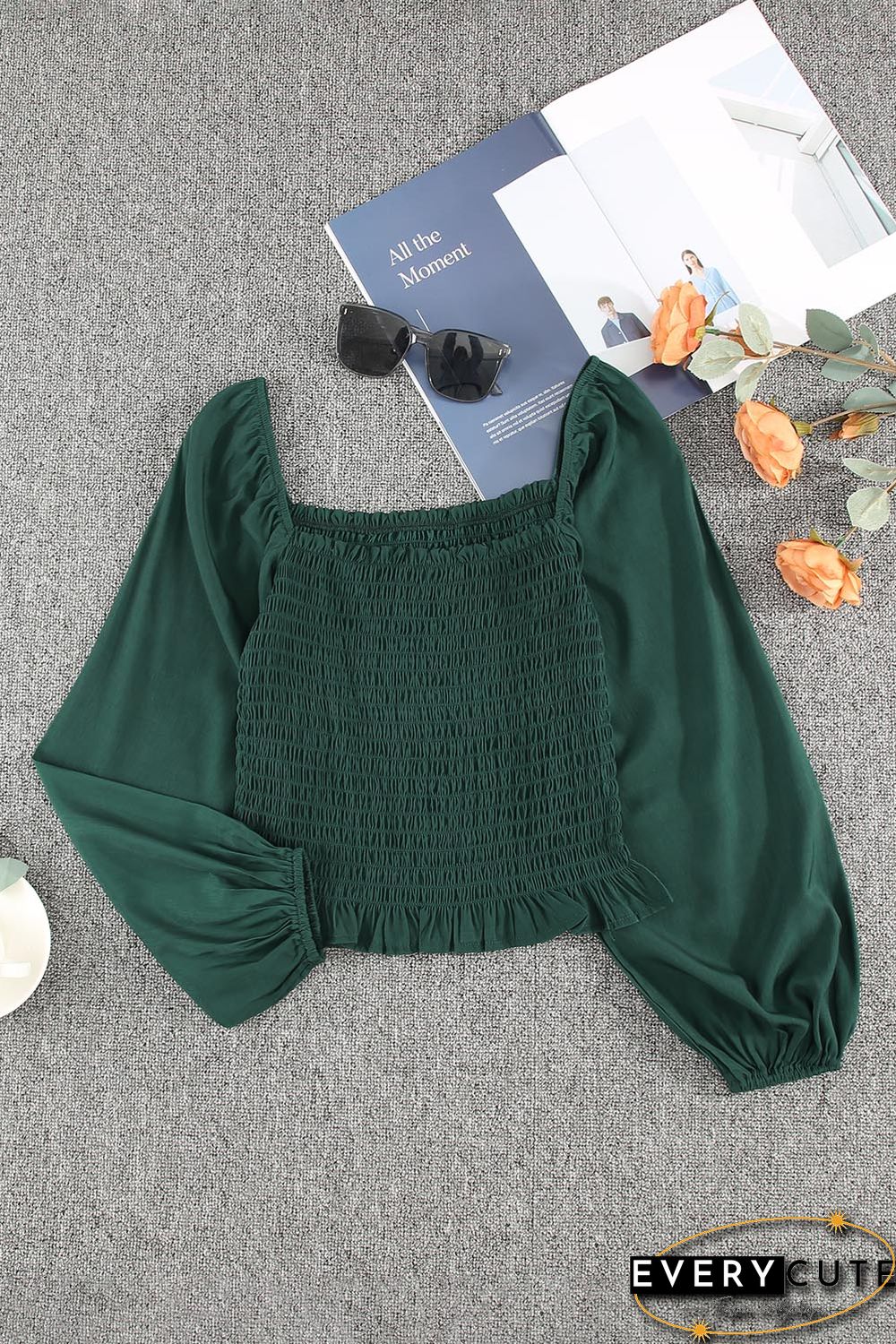 Green Puff Sleeve Smocked Top
