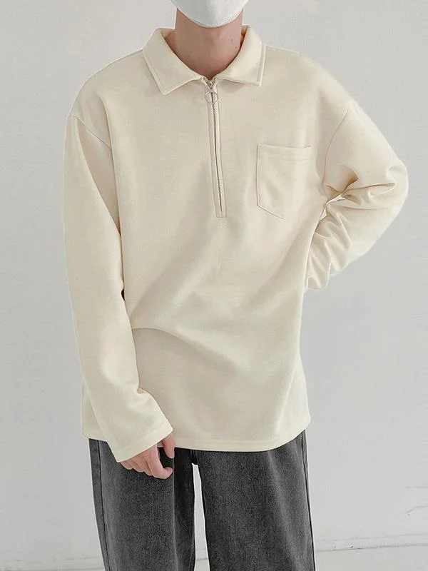 Aonga - Mens Zipper Solid Color Long-sleeved T-shirtI
