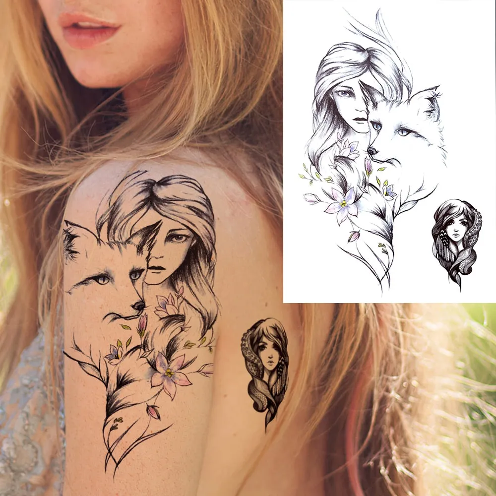 3D Flower Triangle Temporary Tattoos For Women Girl Fake Wolf Deer Geometry Tattoo Sticker Peony Dahlia Body Art Adults Tatoos