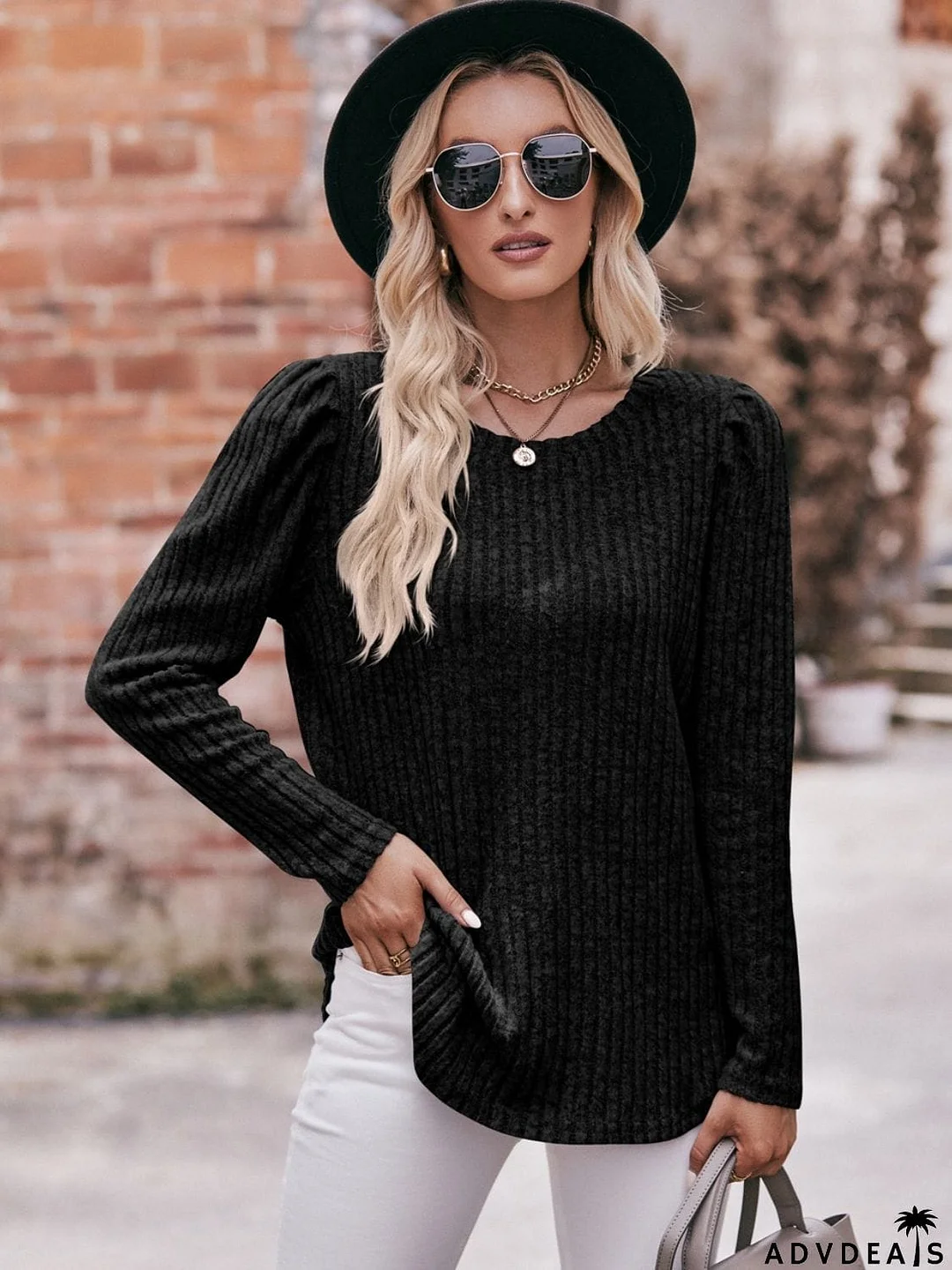 Double Take Round Neck Puff Sleeve Ribbed Top