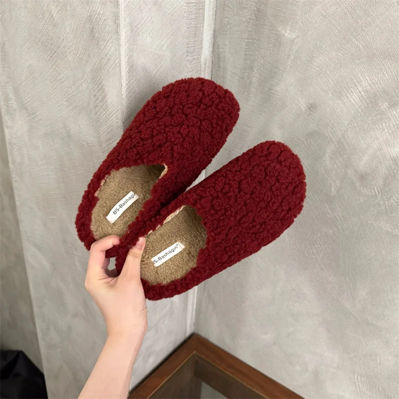 Yyvonne Retro Lamb Hair Plus Plush Fur Slippers Women's Bag Head Dragging Fairy Wind Lazy Cotton Slippers