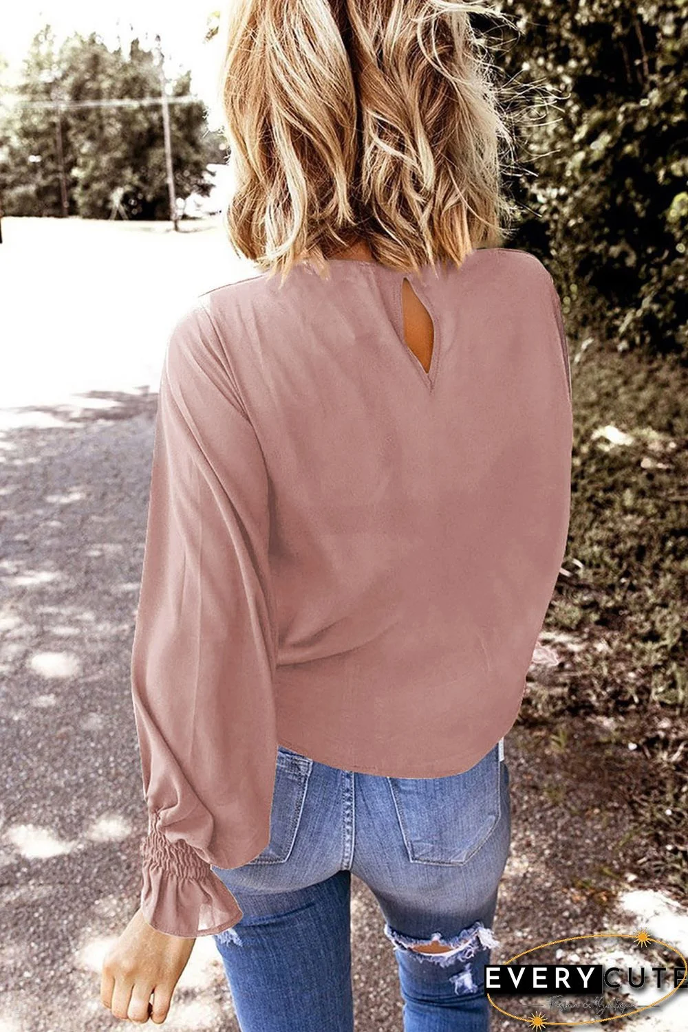 Pink Crew Neck Ruffle Bubble Sleeve Top