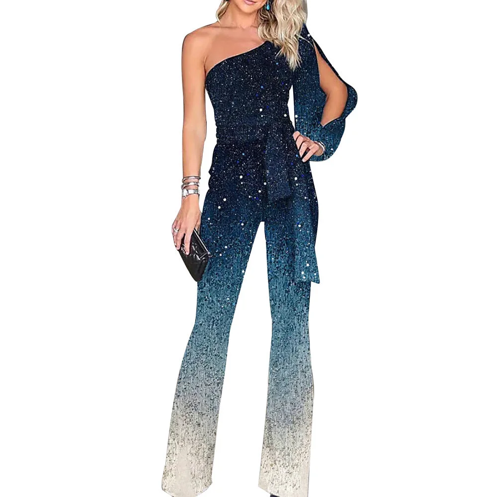 Brownm Gradient Print Diagonal Collar Long Sleeve Pants