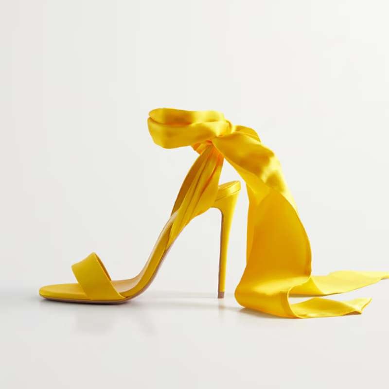 Bright Yellow Satin Open Toe Wrap Strappy Stiletto Heeled Sandals