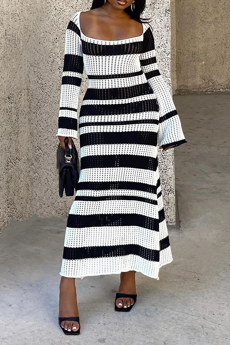 Plus Size Casual Dress Long Sleeve Striped Square Neck Knitted Maxi Dress [Pre-Order]
