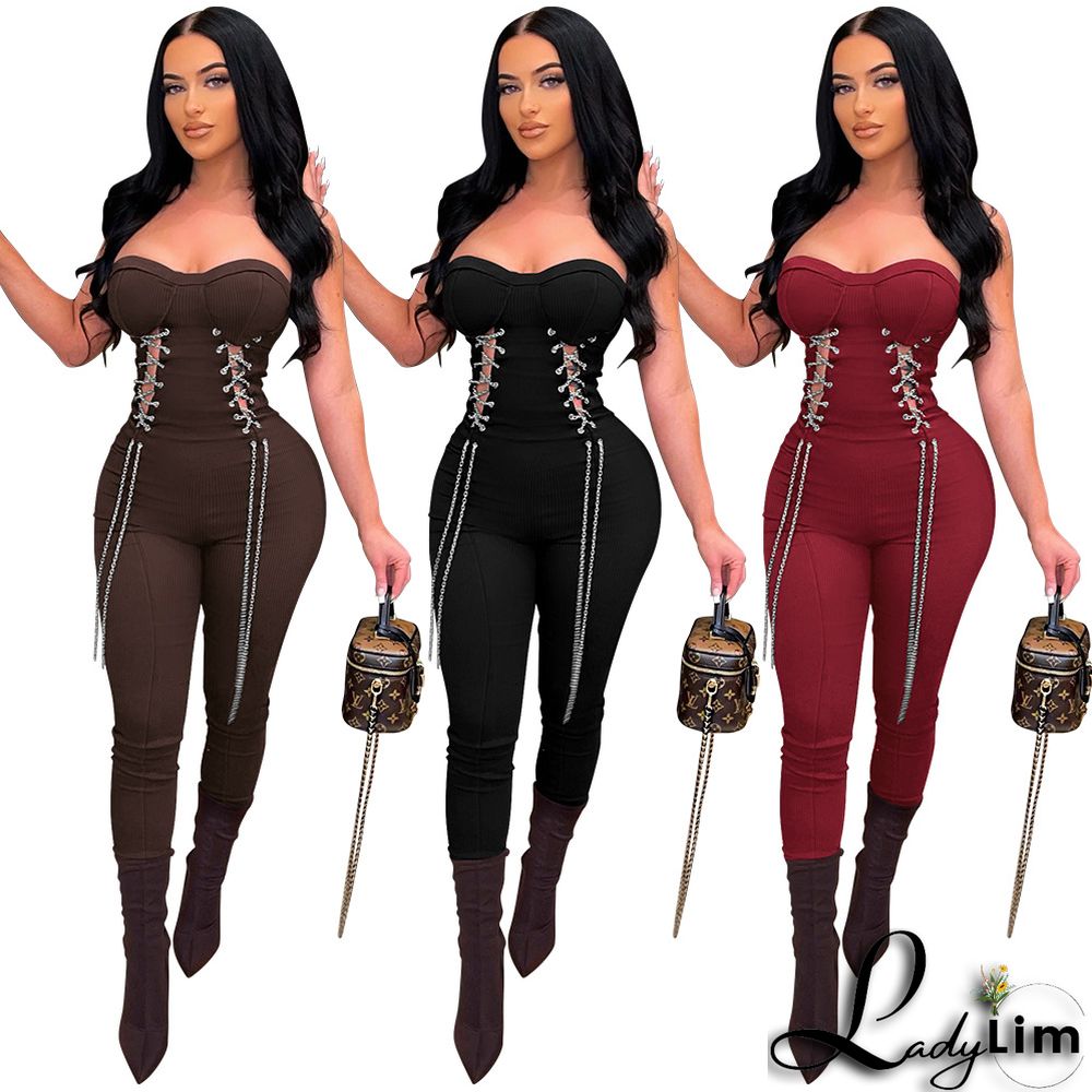 Sexy Tube Top Corns Metal Chain Waist Jumpsuit