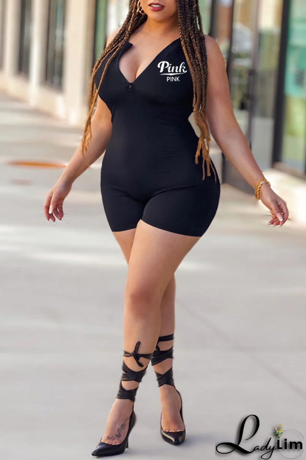 Blue Fashion Casual Letter Print Basic Zipper Collar Skinny Romper