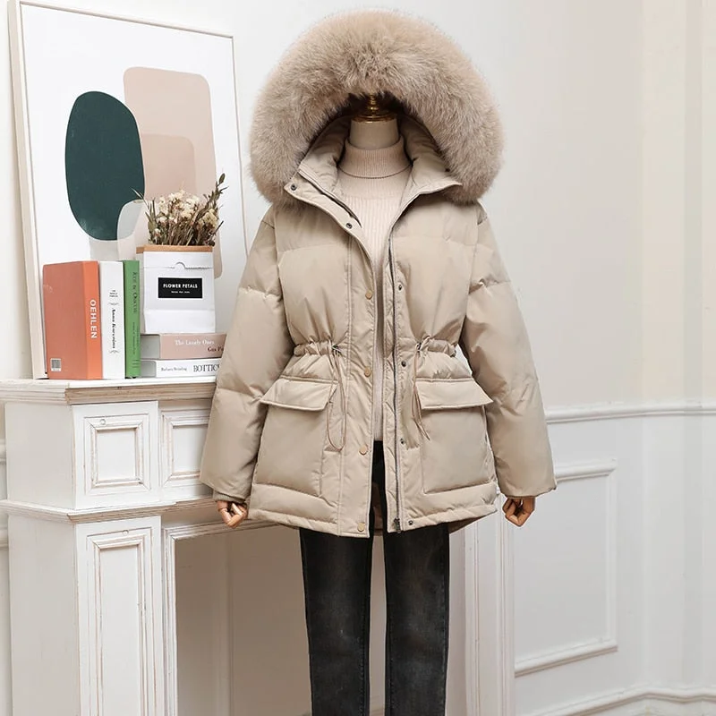 FTLZZ New Winter Women Thick Warm Large Real Fur Hooded Down Jacket 90% White Duck Down Coat Waist Retractable Parker Overcoat