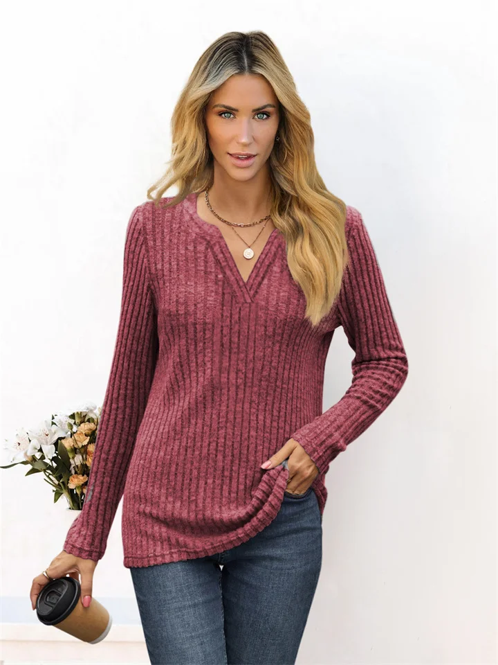 Autumn and Winter New Solid Color V-neck Loose Long-sleeved T-shirt Temperament Commuting Ladies Tops