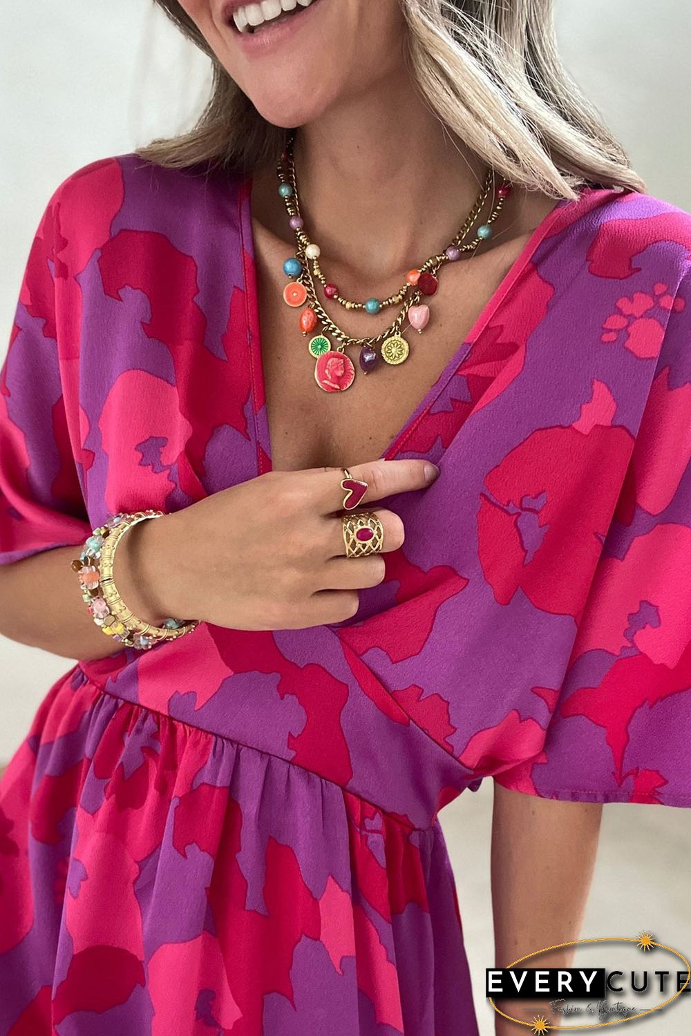 Rose Abstract Floral Print V Neck Dolman Maxi Dress