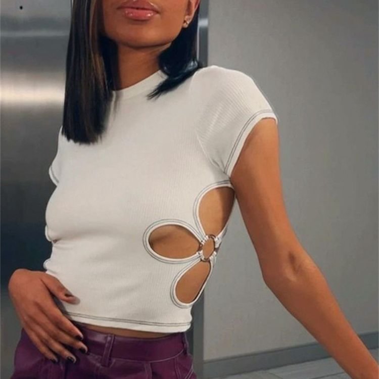 Nibber Womens Short T-Shirt Solid Color Casual Cutout Short Sleeve Crop Top на новый год 2022 Street Fashion Slim T-Shirt Female