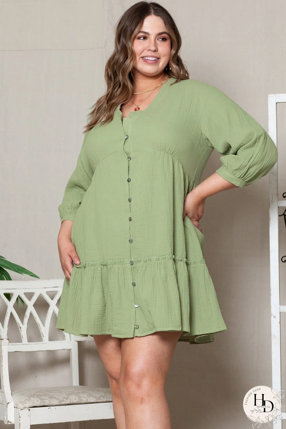 Ruffled V Neck Plus Size Mini Dress