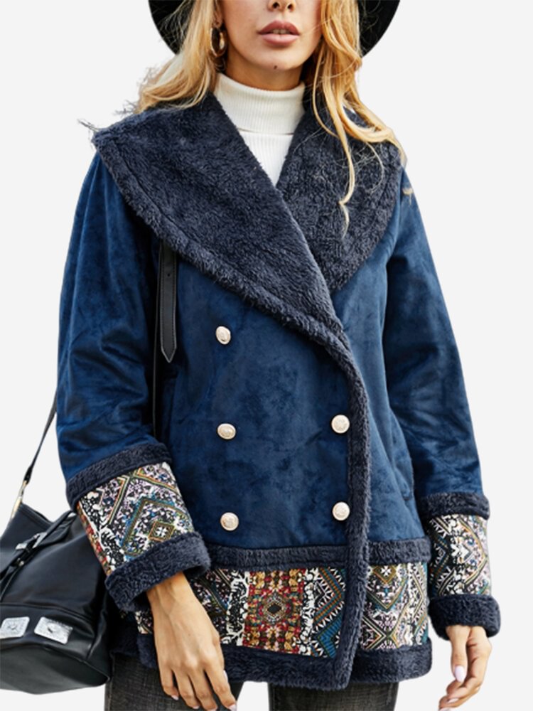 Casual Patch Print Faux Suede Double-breasted Winter Coat - Shop Trendy Women's Fashion | TeeYours