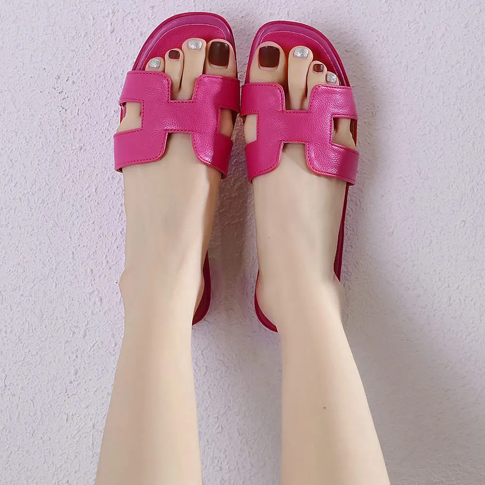 Women's Square Open Toe Summer Casual Flat Litchi Slippers-vocosishoes